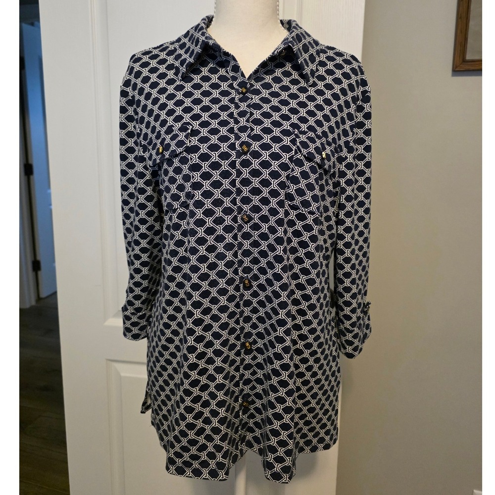 Charter Club PXL Navy Blue Geometric Button Front 3/4 Sleeve‎ Blouse Nautical